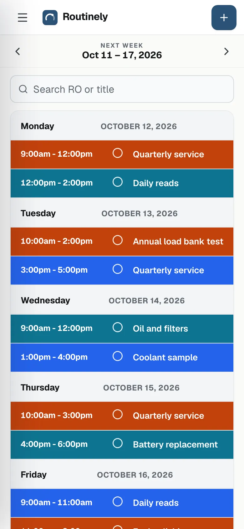 Next week's jobs on a phone, listed by day.