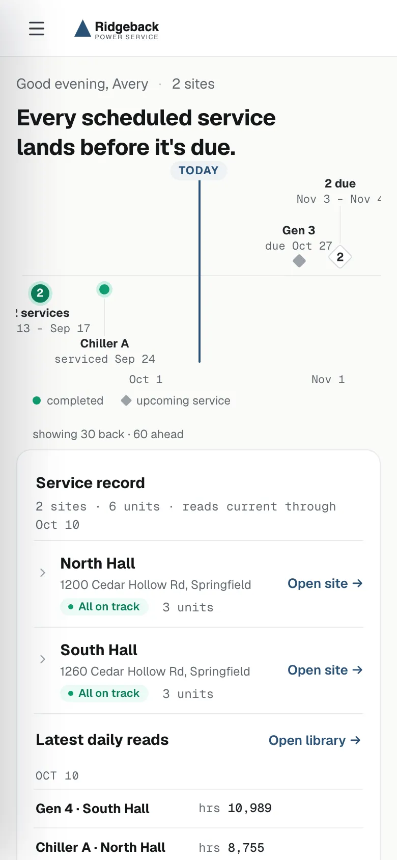 A customer's portal under their service company's logo: upcoming services on a timeline, both sites on track, and the latest daily reads for each unit.