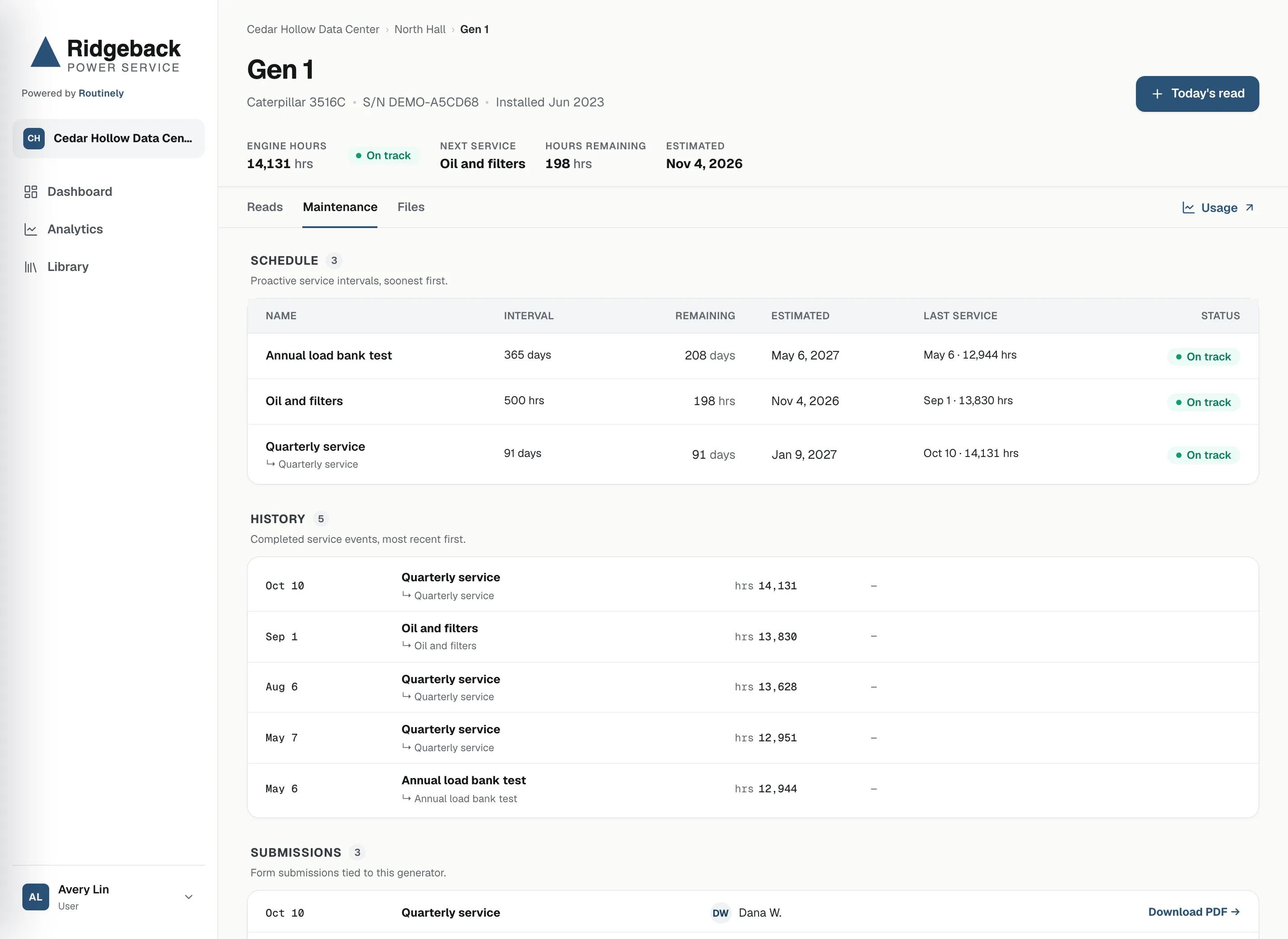 Gen 1's maintenance page in the customer portal: the Oct 10 quarterly service at the top of its history, and Dana's service form ready to download.